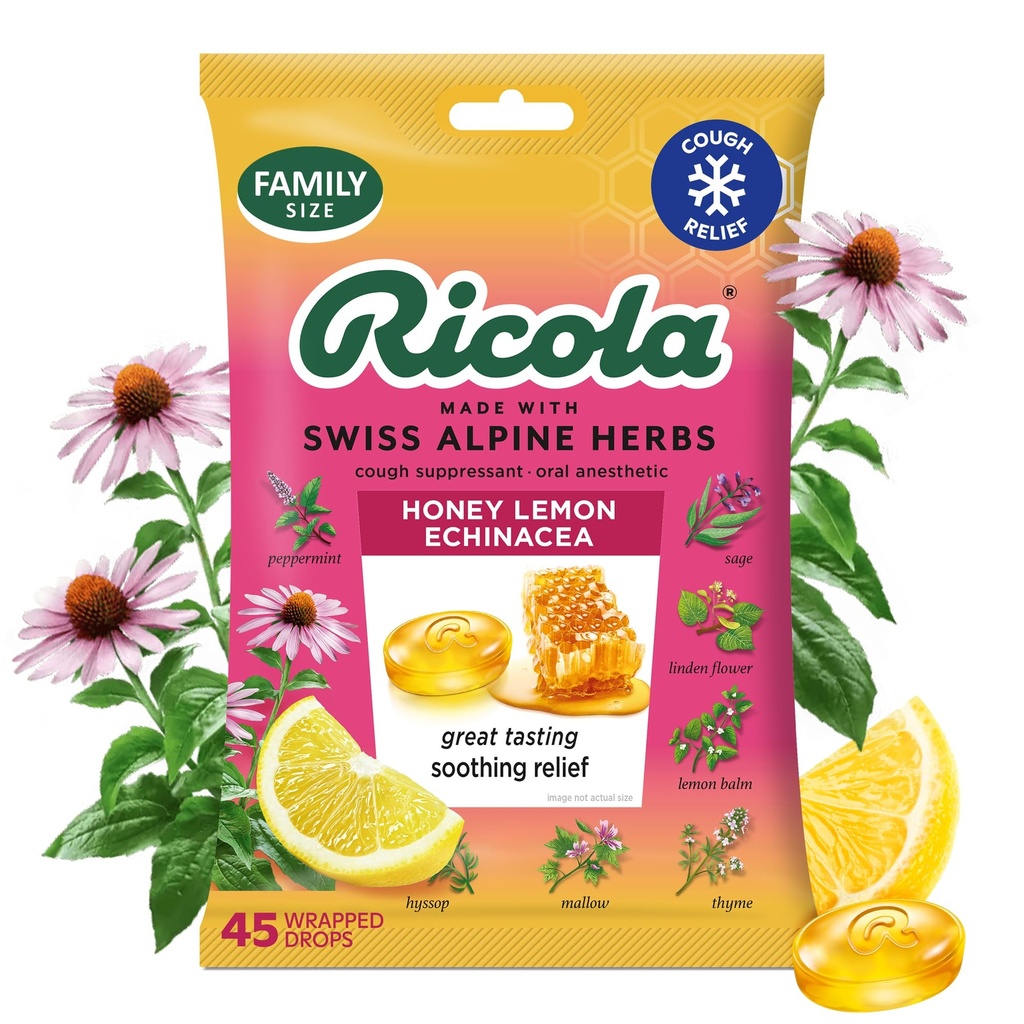 Ricola Honey Lemon, Echinacea Cough Drops, 45 Kont, Delicious Throat Relief & Care, Oral Anesthetic, Doğal Flavoreded