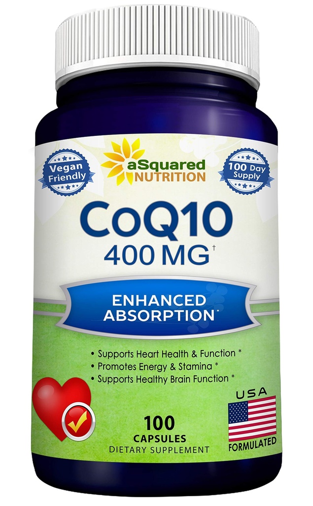 aSquared Nutrition CoQ10 (400mg Max Strength, 100 Veggie Capsules) - High Absorption Coenzyme Q10 Powder - Ubiquinone Supplement Pills, Extra Antioxidant CO Q-10 Enzyme Vitamin Tablets, Coq 10 400 mg