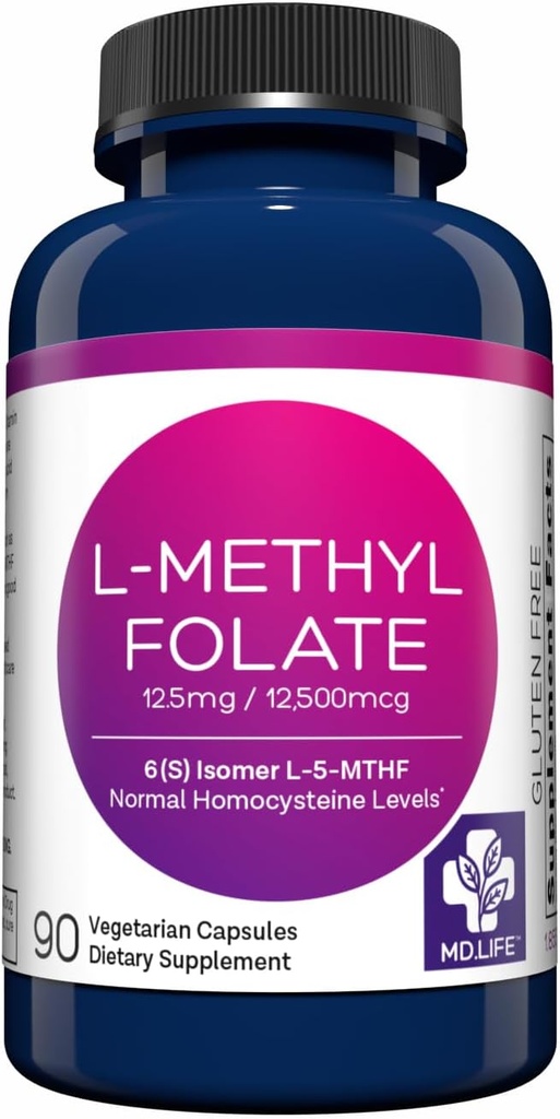 MD Life L Torchfolate 12.5 mg - Profesyonel-Grade Active Mefolate Supplement - maksimum Potency MTHFR Tamamlar - L tilfolate 12.5 mg 90 Capsules - Essential Amino Asits