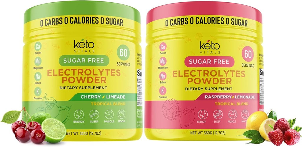 Keto Vitals Cherry Limeade Sche with Raspberry Lemonade - 2 Pack Sche Zhong Electrolytes Toz - Pyumyum, Magnezyum, sodyum, Kalsiyum - Cherry Limeade & Raspberry Lemonade