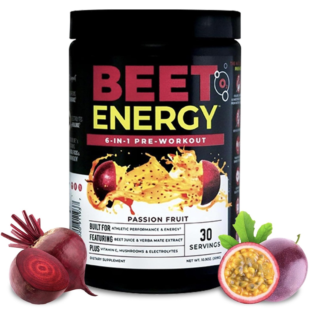 Nutrology Beet Energy O2, Pre Workout Toz, Enerji, Endurance & Nitrik Oksit Arıt Toz, Yerba Mate, Adaptogens & Electrolytes, Vegan Pre Workout, Passion Fruit Flavor, 30 Hizmetler