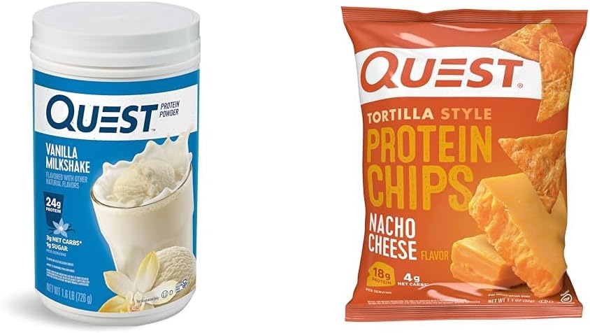 Quest Vanilla Milkshake Protein Toz, 24g protein, 1.6lb + Quest Nacho Cheese Tortilla Style Protein Chips, 18g Protein, 12 paket