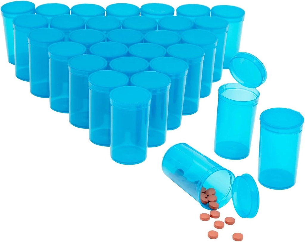 Juvale 30 Pack Boş Pop-Top Pill Şişeleri - 19 Dram Kapasite - Blue Plastik - Kolay Erişim için Yaralar - Tıp Konteynerleri ve Yaraları - Squeeze-Open Travel Vials