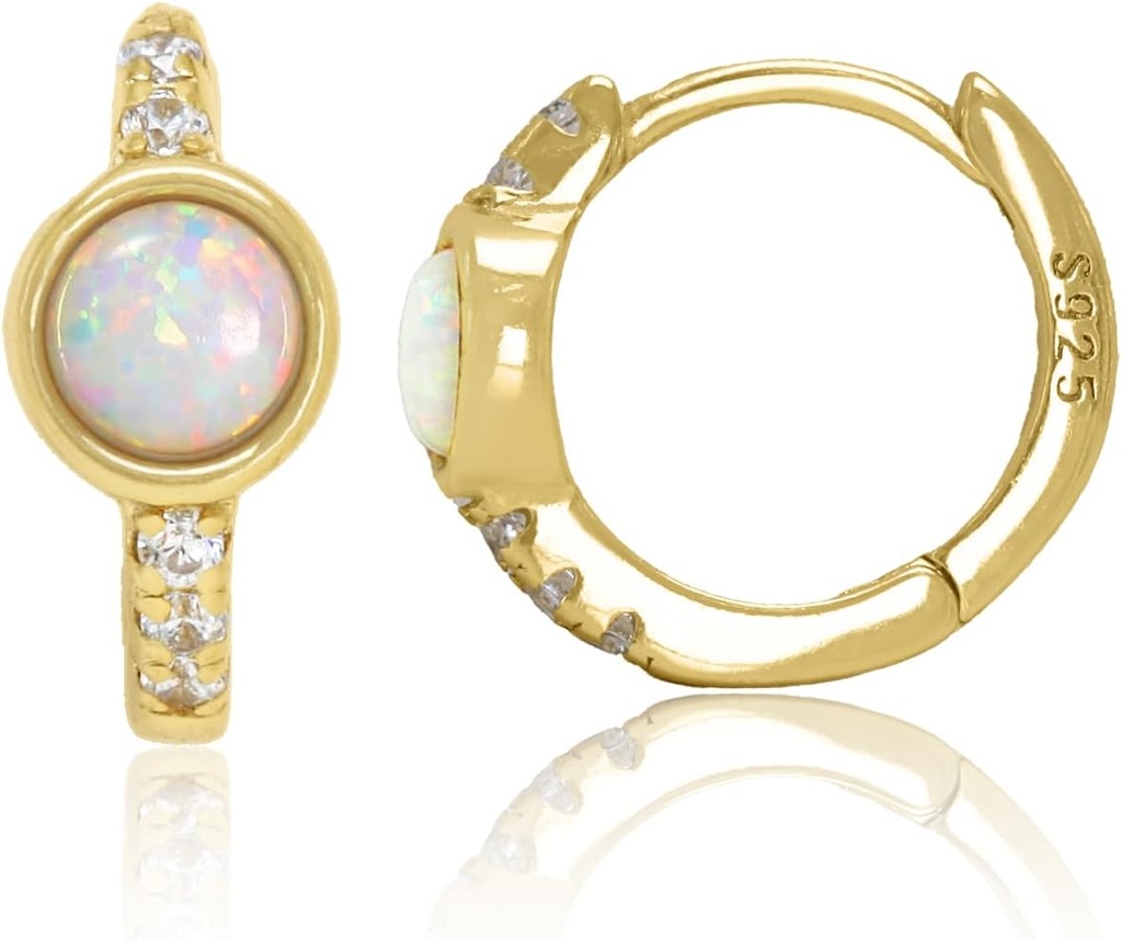 14K Gold Plated 925 Sterling Silver Beyaz Opal Huggie Hoop Earrings yarattı
