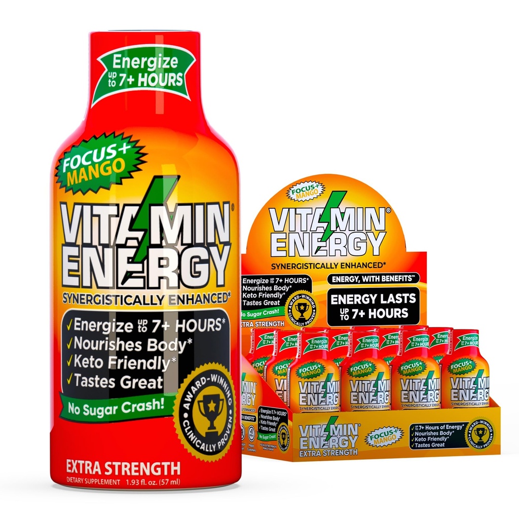 Enerji Focus+ Ekstra Güçlü Enerji Shot Mango 12 Paketi, 260 mg Doğal Caffeine, B-Vitamins, CoQ10, Amino Asits, Focus, Verimlilik & Clarity, Zero Sugar, Gluten-Free, 1.93 fl oz