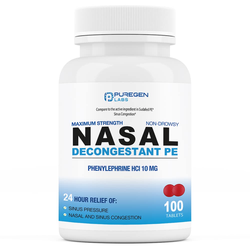 Puregen Labs Nasal Decongestant PE 100 Tabletler | Phenylephrine HCl 10 mg Tabletler | En Güçlü | Drowsy Nasal & Sinus Congestion Relief For Cold or Allergies (1)