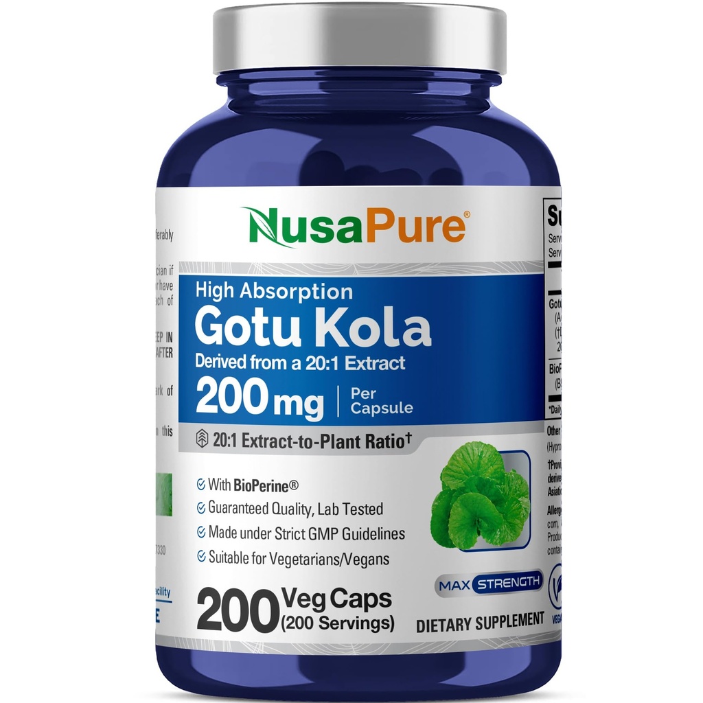 NusaPure Gotu Kola Capsules 20:1 Ekstraksiyon, 200 mg Veggie Caps, 200 Kont, Non-GMO, Vegan, Bioperine - Geleneksel Herb Ekstraksiyon