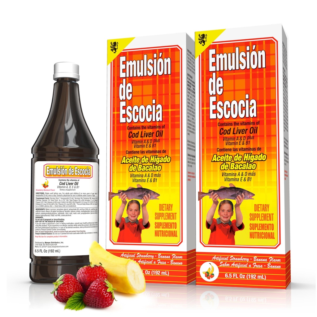 Emulsión de Escocia Cod Liver Oil Liquid Supplement with Vitamins A, D, E & B1 - Doğal Fish Oil Omega 3 for Kids & Yetişkinler - Delicious Strawberry Banana Flavor - 6.5 oz (2-Pack)