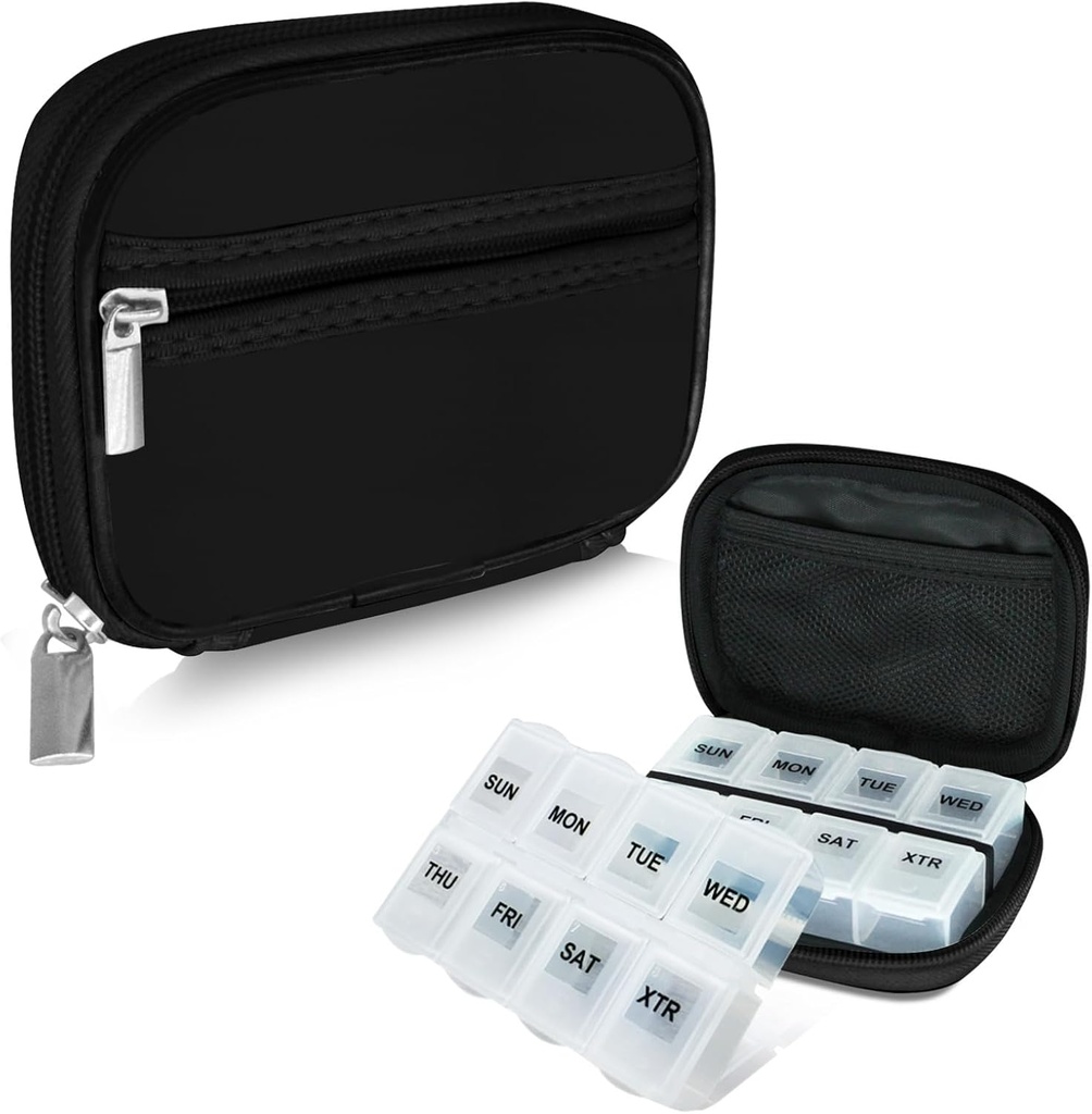 Serfeymi Weekly Travel Pill Organizer Pill Case for Purse with Reforce 7 Day Pill Box, Fashionable Travel Medicine Organizer Pill Konteyner for Medicine, Vitamin, Supplement - Black 01 + Pill Box