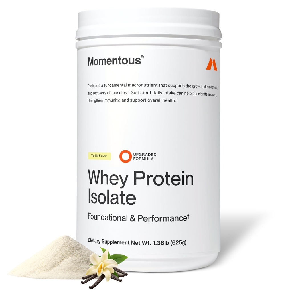 Momentous Essential Grass-Fed Whey Protein Tozu - 20 g Whey Isolate proteini - Spor için sertifikalı - Gluten-Free - 24 Temel Günlük Kullanım için Hizmetler - Vanilla - Paket Vary