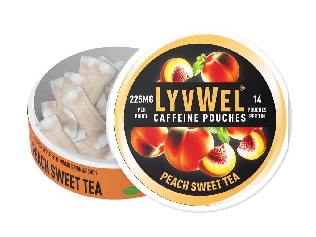 LyvWel 225mg Caffeine Pouches, Guarana-Powered Energy Pouches, Nootropic Pouches, Nicotine Free Pouches & Tobacco-Free, 1-Pack, 14 Pouches Peach Sweet Tea