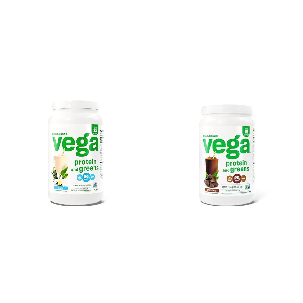 Vega protein ve Yeşiller Protein Toz, Vanilla - 20g Plant Temel Protein Plus Veggies, Vegan & Protein ve Yeşiller Protein Toz Çikolatası (19 Hizmet) - 20g Plant Temel Protein Plus