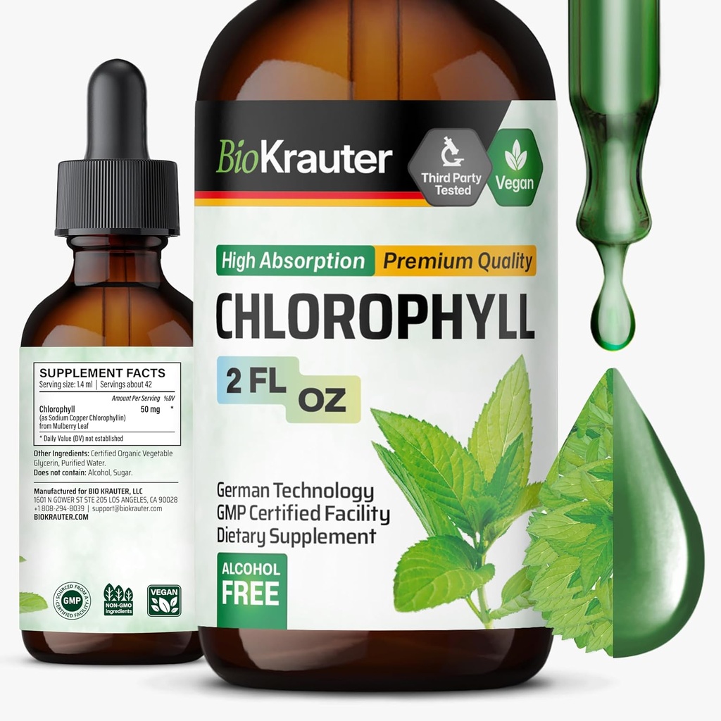 BIO KRAUTER Sıvı Klorophyll Drops - Cleanse & Immune Support - İç Deodorant - sodyum Copper Klorophyllin Ekstraksiyonu - 2 fl oz