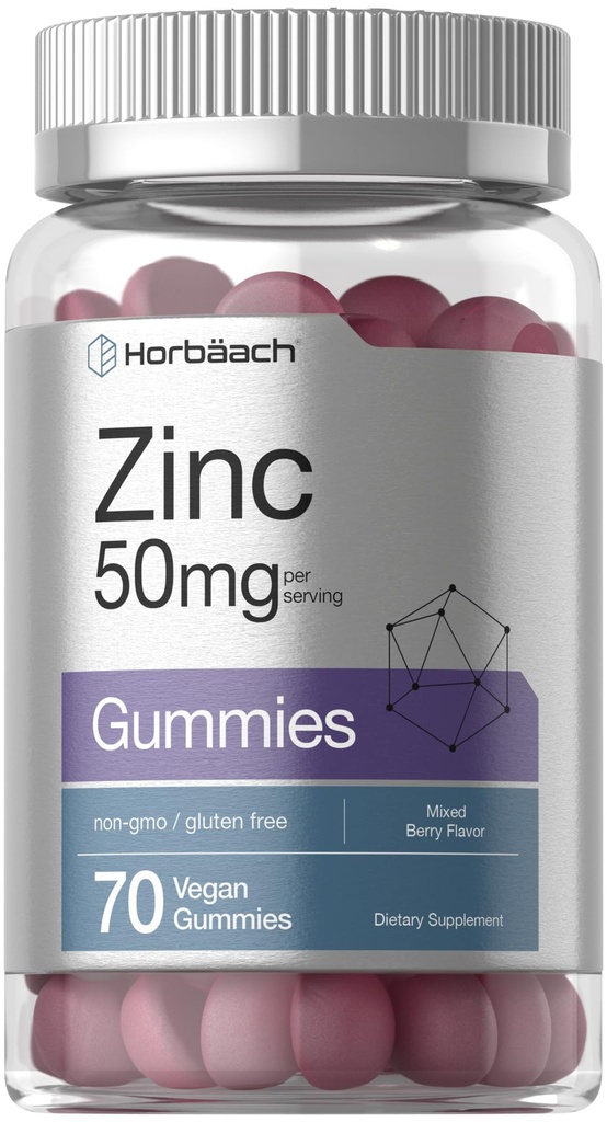 Horbäach çinko 50 mg | 70 Gummies | Karma Berry Flavor | Vegan, Non-GMO ve Gluten Free Formula | çinko Citrate Diyet