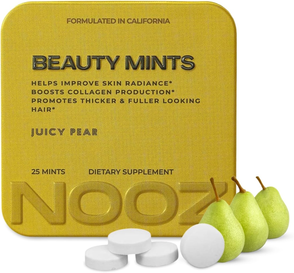 NOOZ Beauty Mints - Sugar-Free Biotin Mint for Glowing Skin, Sağlıklı Saç ve Güçlü Çiçeği - Juicy Pear Flavor | Travel-Friendly Supplement with Antioksis, Vitamin C, B6 & B12 | Non-GMO, 25 Mints