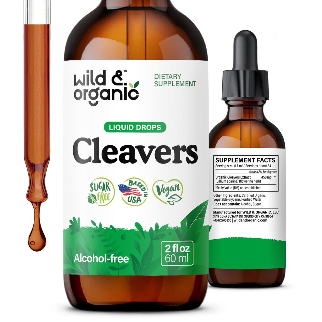 Wild & Organic Cleavers Tincture - Natural Detox Drops with Cleavers Leaf - Galium Aparine Herb Extract Supplement - Vegan, Sugar & Alkol-Free - 2 fl ozz