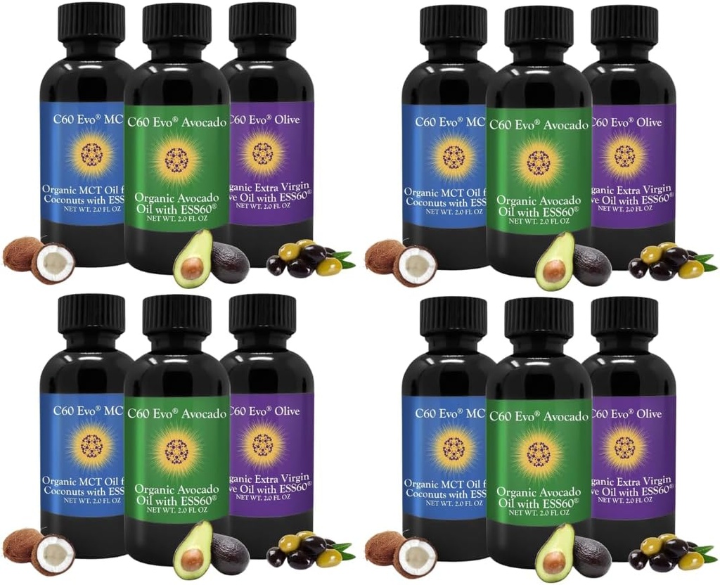 All-Doğal Edible Oils, Mini Oil Numuner Pure C60 ESS60 ile Set, Immune Support and Joint Support Supplement with Olive Oil, Aoka Oil & MCT Coconut Oil, Set of 12, 2 Oz Every