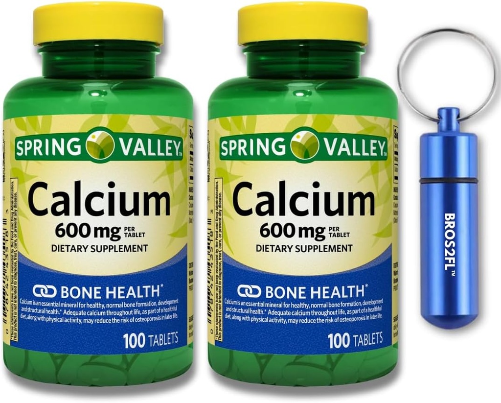 Kalsiyum Bone Health Diyetary Supplement Tabletleri, 600 mg, 100 Count (2-Pack) Sche with BROS2FL Filtresi Su geçirmez Metal Pill Box (2 Madde)