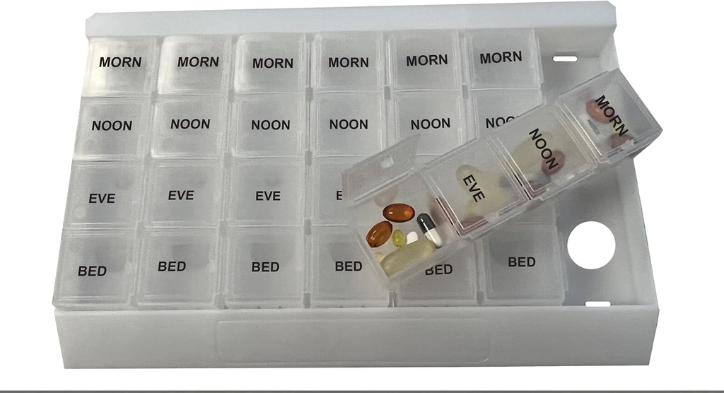 ProMed Unique XL Weekly 4 Times Daily 7 Day Pill Organizer for Drug, Vitamins & Supplements, Pill case with Reforce Clear partitions Bu, Gıda-Grade Plastik ile iyi.