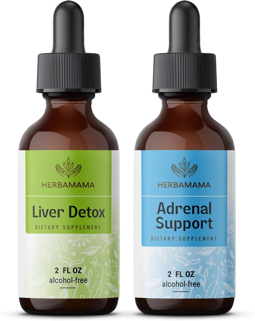 HERBAMAMA Herbal Liquid Drops Kit - Liver Detox Kompleks 4 fl oz & Adrenal Support Drops 2 fl oz - Vegan, Non-GMO, Sugar & Alkol-Free - 2 Pack
