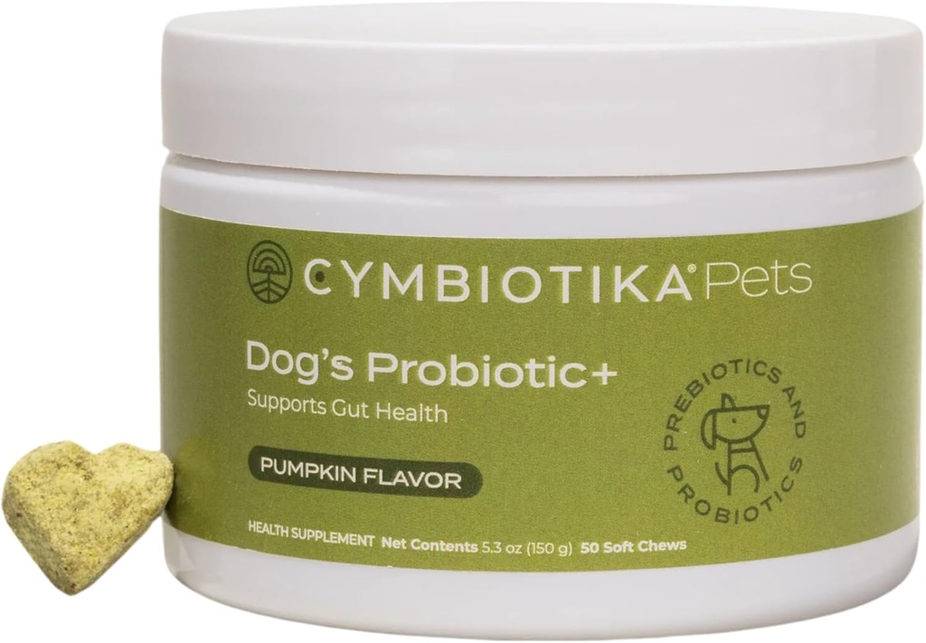 CYMBIOTIKA Dog Probiyotik+, Köpekler için Probiyotikler, Gut Health & Immune Support Supplement with Digestive Enzyme and Green Mix, Prebiyotiks, Postbiyotiks, Supplements for Dogs, Riley Flavor, 50 Chews