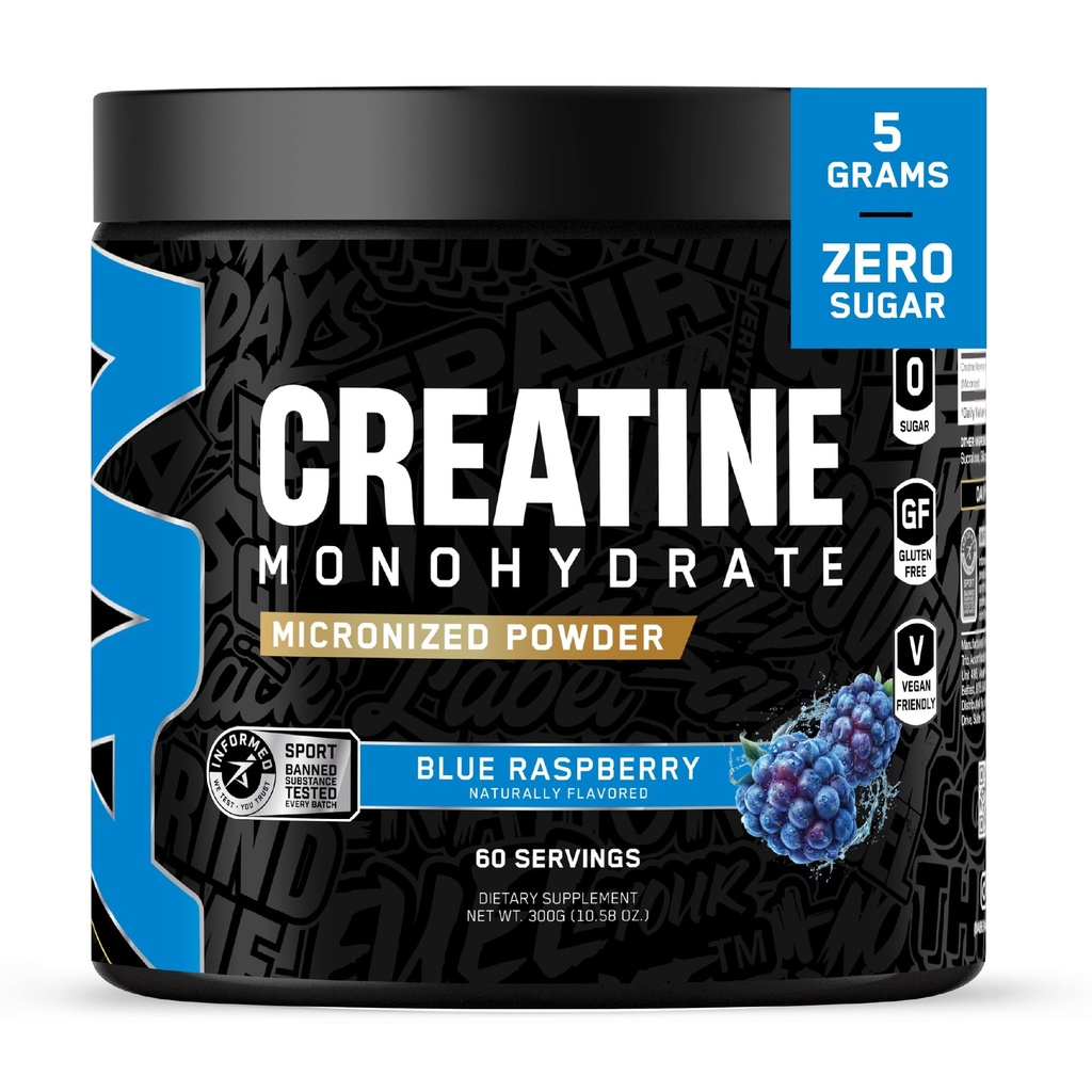 All Black Everything Kretine Monhidrat | 60 Servisler | Blue Razz | Mikronized Amino Asit Toz | Destek Kaslar | Hücreler Enerji | Bilişsel Fonksiyonl | Gluten-Free ve Keto Friendly