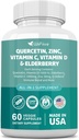 60 Count Quercetin 50 mg Zinc 1000 mg Vitamin C 5000 IU Vitamin D3 1000 mg Turmeric 1000 mg Elderberry with Q-Defend Immune Blend Reisshi Nettle Arteemisinin, Non-GMO, Free Supports Health