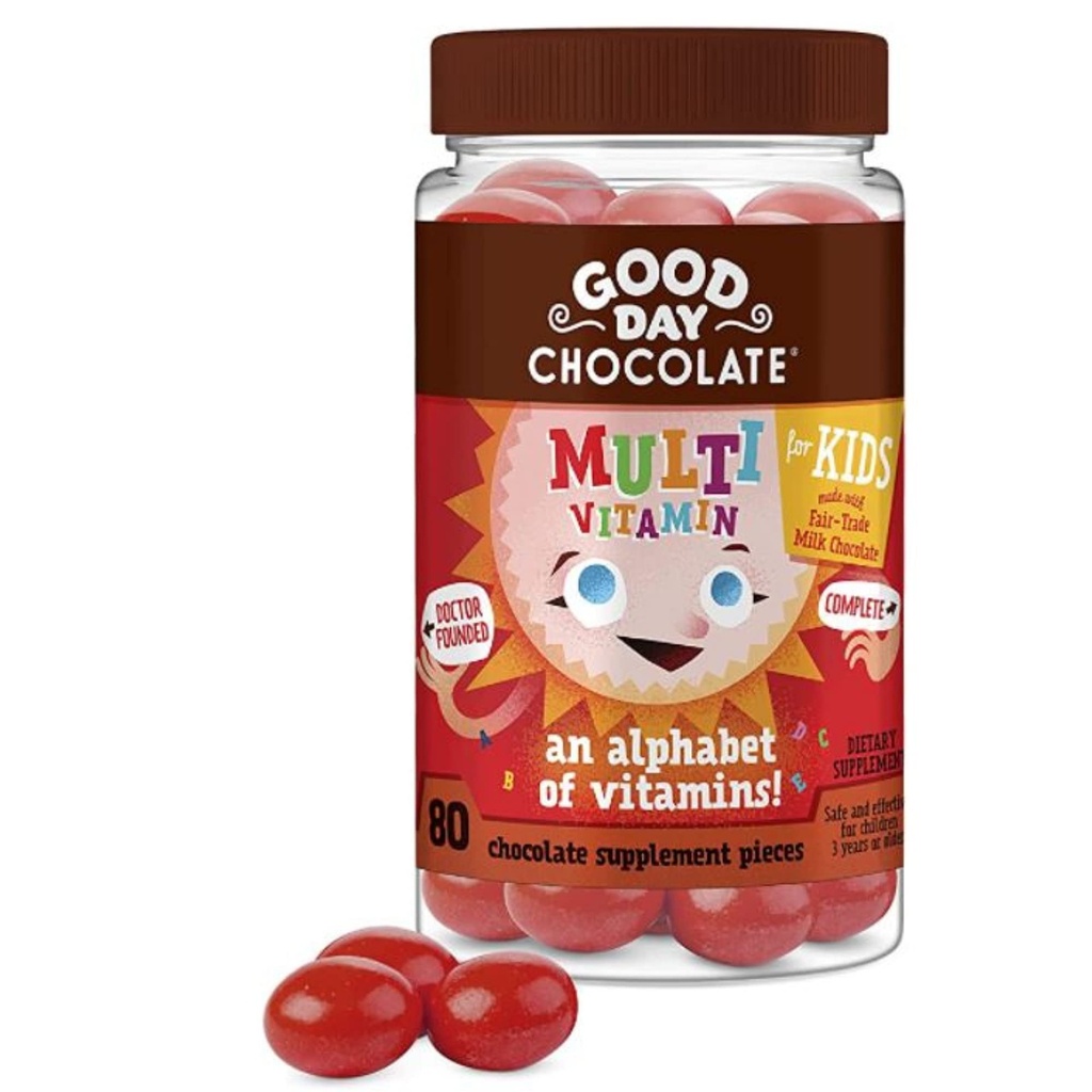 İyi Gün Çikolatası Çocuklar için Çokvitamin Tamamlıyor, Günlük Vitaminler A, B6, B12, C, D, E, Folate ve Biotin, 2g of Sugar, Fair Trade and Non-GMO Chocolate, 80 Pieces