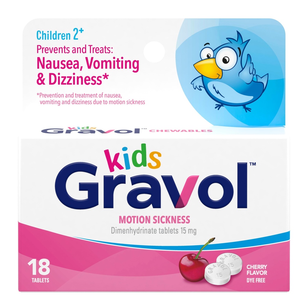 Gravol Kids, Nausea, Upset Stomach ve Hareket Hastalığı Yardımı, Dye Free, Cherry Flavor, Age 2 to 12, 18ct