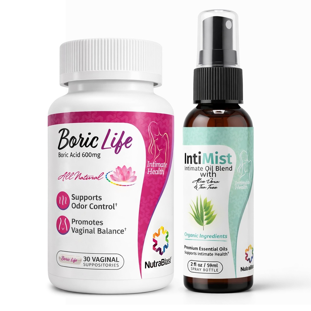 NutraBlast Boric Acid Vaginal Suppories 600 mg (30 Kont) w/Intimist Essential Oils Mix Spray (2 fl oz)