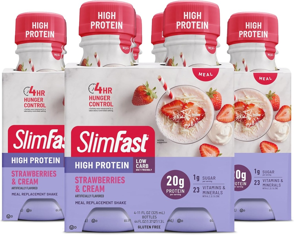 SlimFast Gelişmiş Beslenme Meal Yenileme Protein Shake - İçmeye Hazır, Pink, Strawberries & Cream, 4 Şişe (Pazar 3)