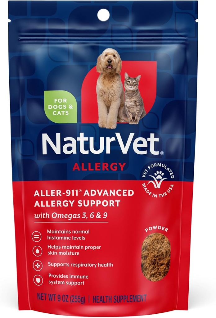 NaturVet Aller-911 Gelişmiş Alerjiler Yardım Formula Toz Plus Köpekler ve Kediler için Antioksiler, 9 oz Toz, ABD'de Yapıldı