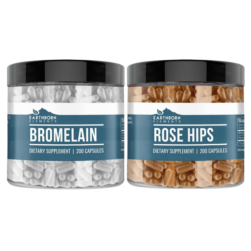 Earthborn Elements Rose HIPS & Bromelain Capsule (200 Capsules her biri), Pure & Undiled, Hayır Katkıları