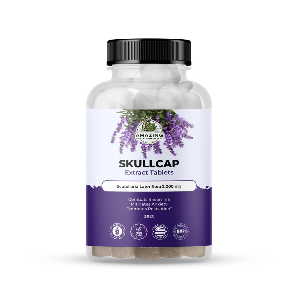 Şaşırtıcı Botanikler Skullcap 10X Ekstra Tabletler 2,000 mg - Yüksek Potency Herbal Supplement for Relaxation and Wellness - 30 Tabletler