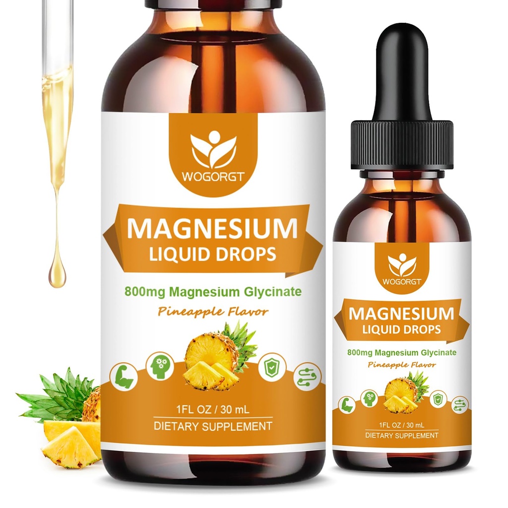 Magnezyum Glycinate Liquid Drops with Citrate & Taurate - Cognition, Kas & Focus, Sıvı Magnezyum Kompleksi D3, GABA, L-theanine, Pineapple Flavor - 1 Fl Oz (2 Pack)