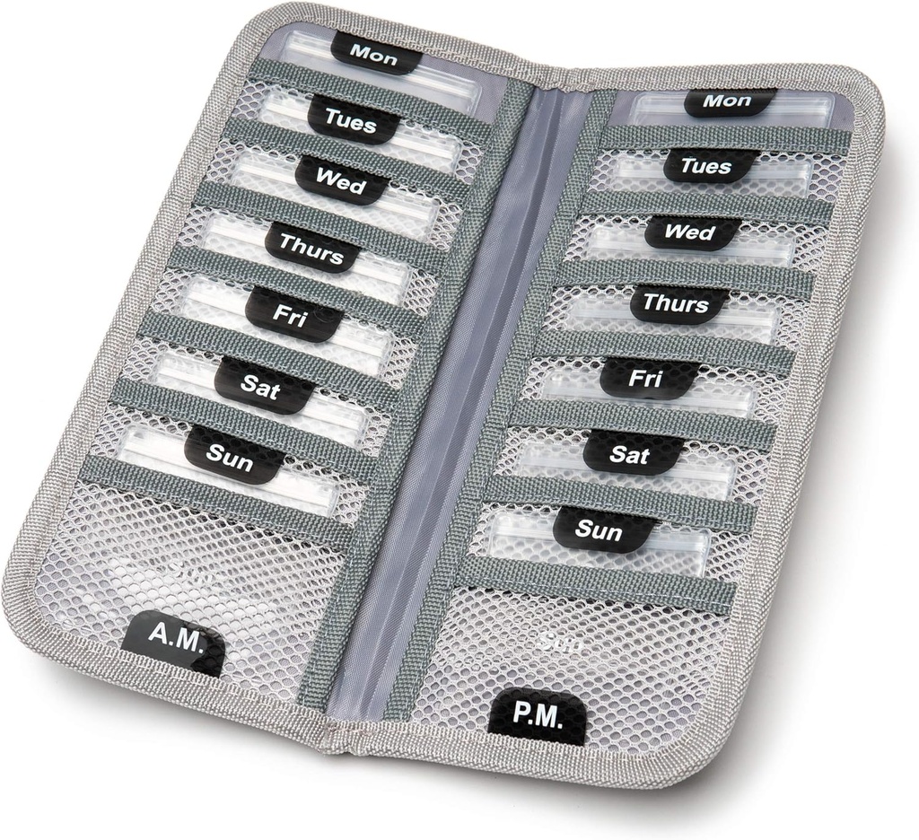 AM/PM Bi-Folding Pill Organizer + Supplement Case for OTC Medicine, Prescription + Vitamins - 14 Labeled Pazartesi-Sunday Slide Lock Pouches Grey Travel Pill Case