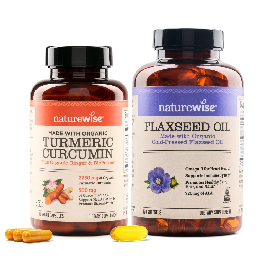 NatureWise Curcumin Turmeric 2250 mg & Flaxseed Oil 1200 mg Omega 3 6 9 Ortak, Kalp ve Immune Desteği [1 & 2 Ay Supply]