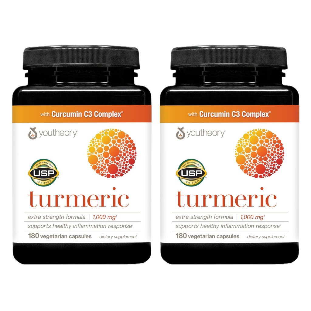 Youtheory Turmeric Extra Strength - 1.000 mg - Destekler Kas & Ortak Sağlık* - Contains Bioenhancers, Curcuminoids & Herbal Türleri - USP TY - 180 Vegetarian Capsules, 2 Pack (180-Day Supply)