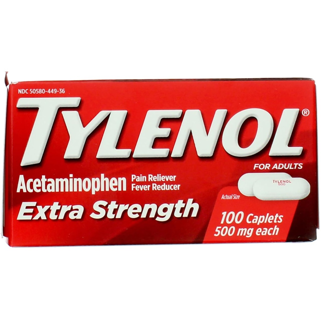 Tylenol Ekstra Kuvvetli Caplets with 500 mg Acetaminophen, Pain Reliever & Ateşleme, 100 ctt