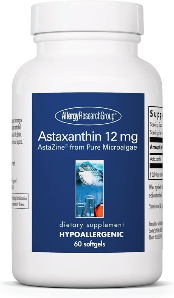 Alerji Araştırma Grubu Astaxanthin 12mg Supplement - Organik Mikroalgae, Eye Health, AstaZine Astaxanthin, Natural Anti,oxy Skin Health, Brain Function Support, Softgels - 60 Kont