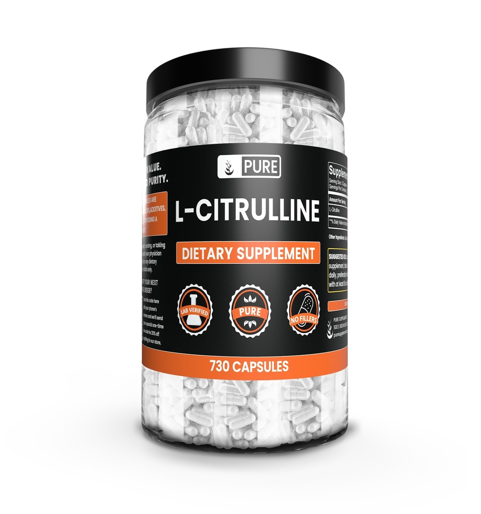 Pure Original Materialss L-Citrulline No Magnezyum Or Rice Fillers, Always Pure, Lab TY (730 Capsule)