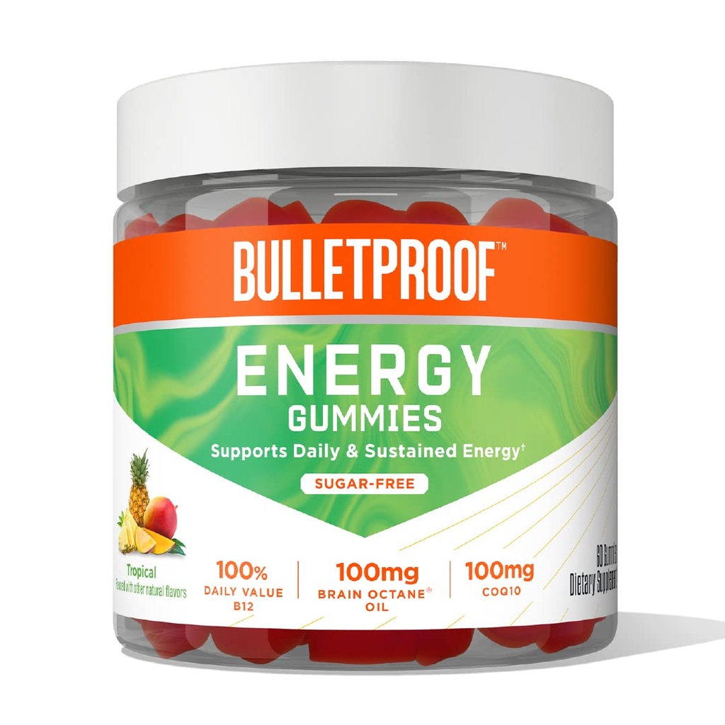 Ses geçirmez Şeker-Free Tropikal Enerji Gummies, 60 Kont, Daily & Sustained Energy için 100 mg CoQ10, Daily Value of B12, 100 mg Brain Octane Oil