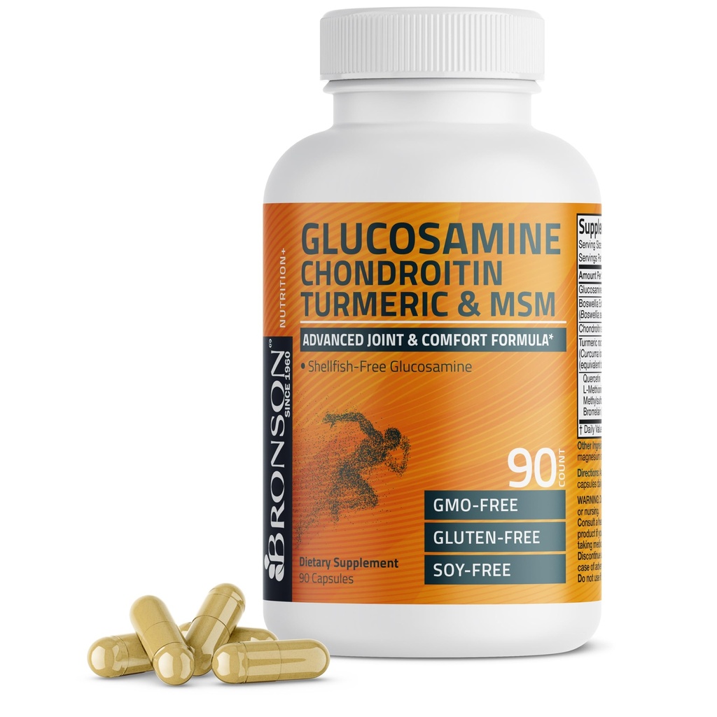 Bronson Glucosamine Chondroitin Turmeric & MSM Gelişmiş Ortak & Kartilage Formula, Sağlıklı Ortaklar, Hareketlilik ve Cartilage - Non-GMO, 90 Capsules