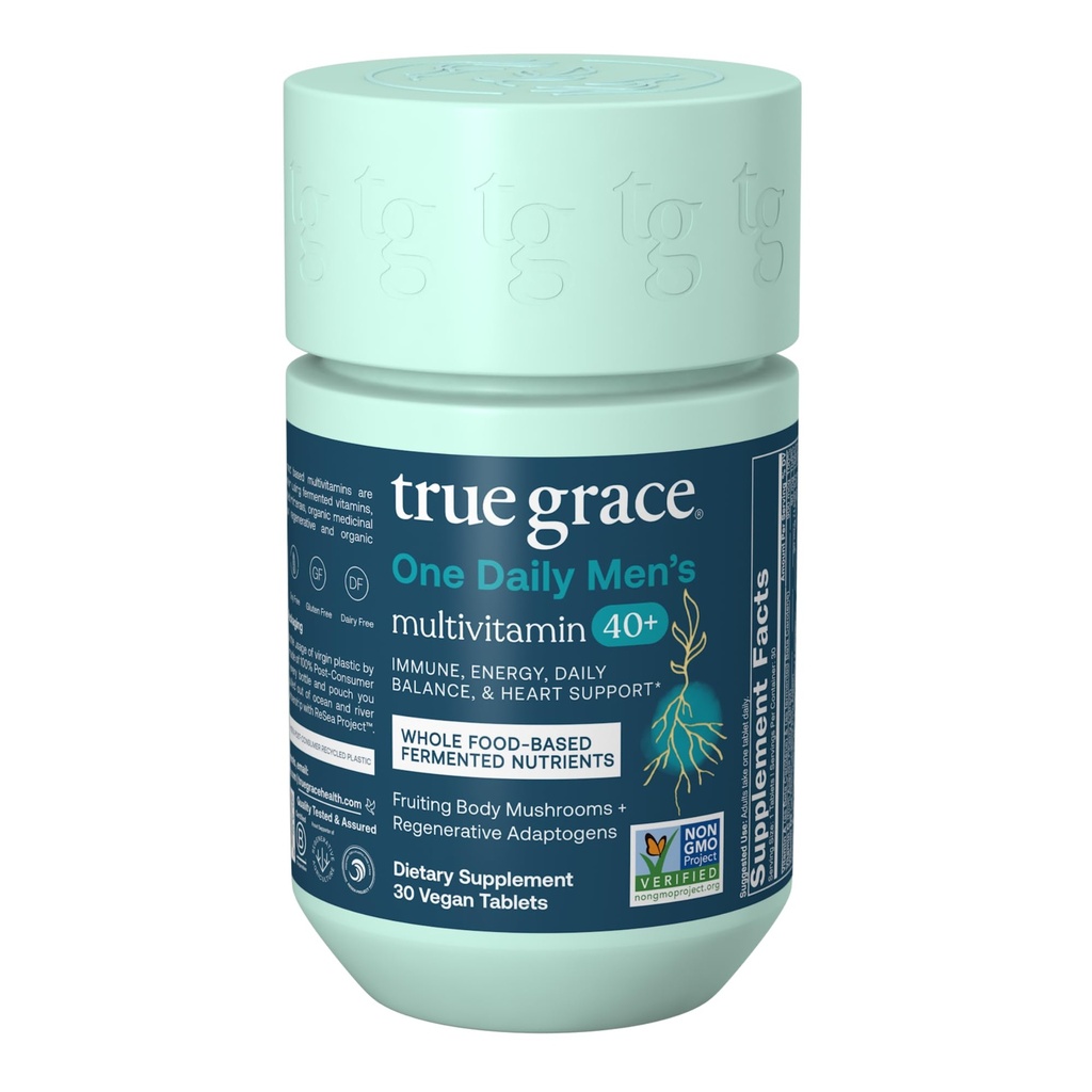 True Grace Men's 40+ Bir Günlük Multivitamin Fermented Minerals, Organik Adaptogens & Mushrooms Whole Body Balance Immune, Endurance, Bone & Heart Support Supplement - Non-GMO - 30 Vegan Tabletler