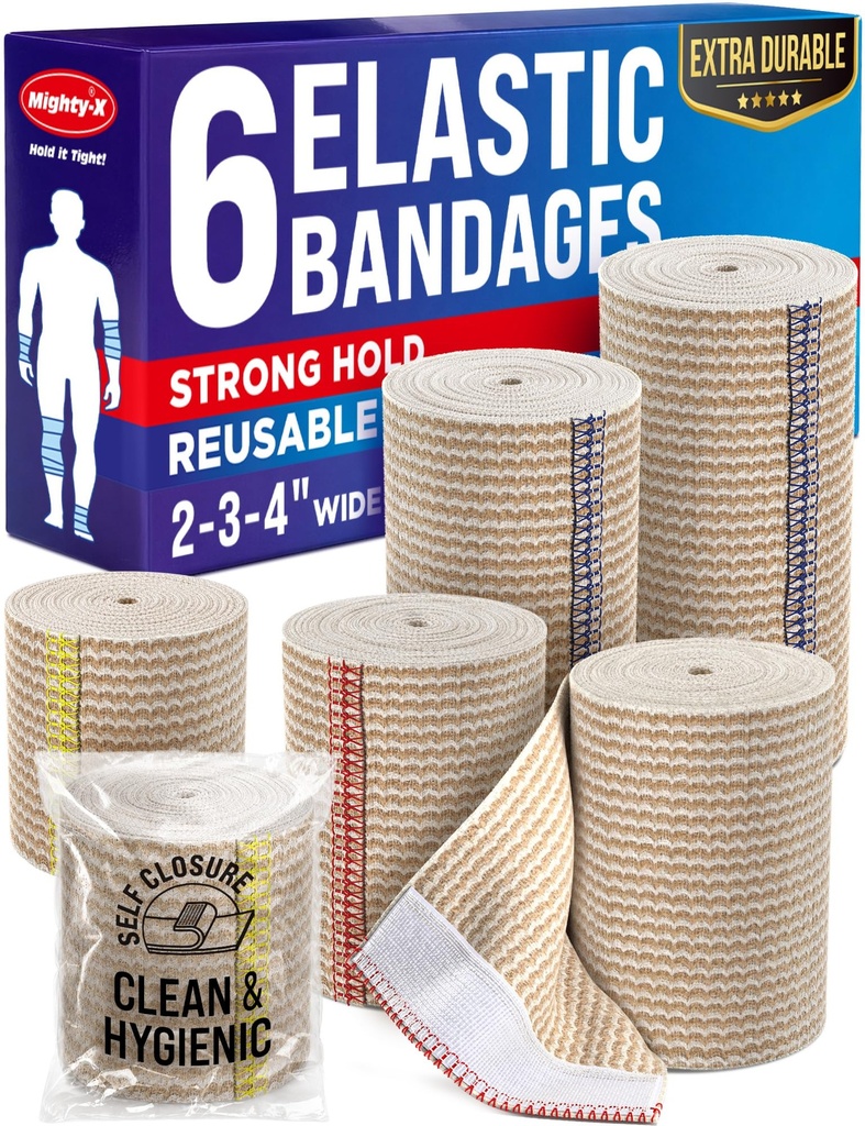 High-Performance Elastic Bandage - 6 Pack (2x2in, 2x3in, 2x4in) - Ayaklar için Self-Closing Güçlü Kompaj Bandage, Ankles, Biles ve Dizler