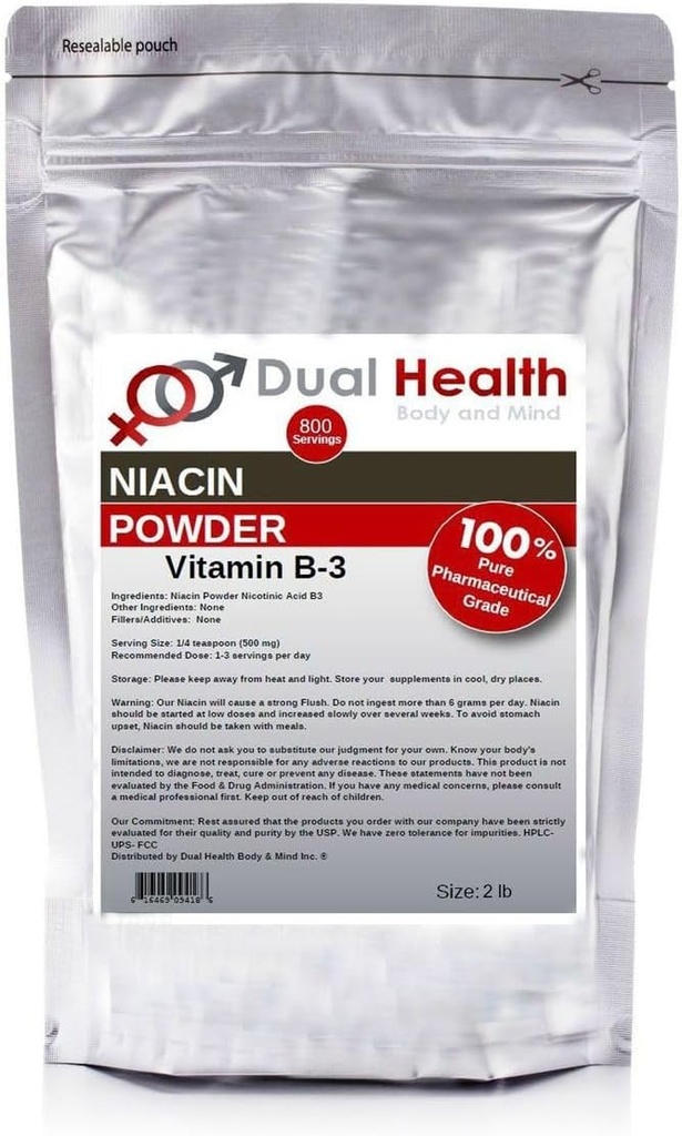 Niacin Powder (2 lbs) Vitamin B3 Bulk Supplement Immediate Release Niacin with Flush Nicotinic Acid Non-GMO, Vegan, Gluten Free Company Fast Absorption No GMOs, Fillers, Additives or Heavy Metals