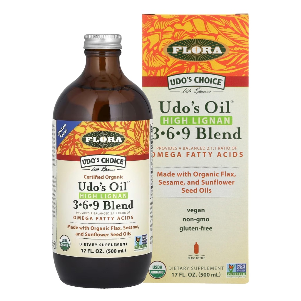 Flora - Udo'nun Seçimi Yüksek-Lignan 369 Omega Oil Mix, Udo'nun Petrol Dengeli 2:1 Omega Fatty Asits, Organik Flax, Sesame & Sunflower Tohum Yağları ile Yapıldı, 17-oz. Şişe cam şişe