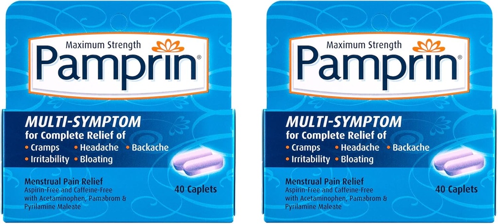 Pamprin Multi-Symptom Formula, Acetaminophen ile, Menstrual Period Belirtileri Cramps, Pain, Irritability and Bloating, 40 Caplets (Pack of 2)