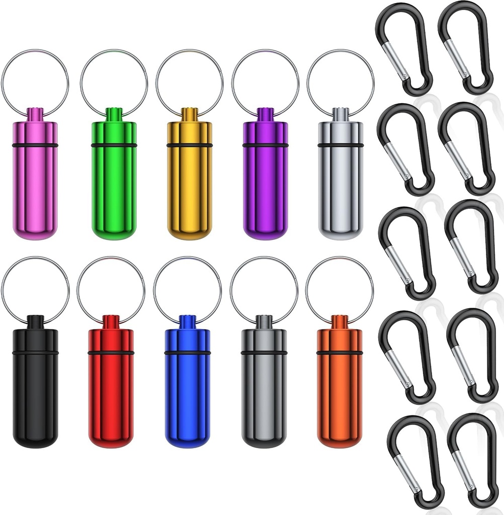 Small Portable Pill Case with Keychain, (10 Pack + 10 Carabiner Clips) Waterproof Aluminum Pill Organizer Metal Mini Box Pocket Drug Storage Container for Outdoor Camping Travel