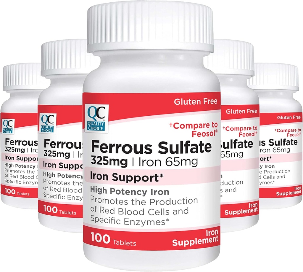Quality Choice Iron 65 mg (325 mg Ferrous Sulfate) Yüksek Potency Iron Support Supplement Tabletleri 100 Kont Şişede (5 Pack)